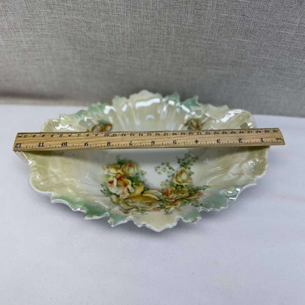 Vintage Germany Porcelain Scalloped Oval Bowl Yellow Roses Lusterware 12 Inch